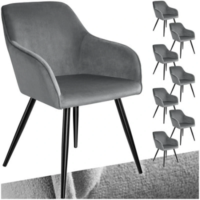 Image of Tectake Set Of 8 Dining Chair Marilyn - With Armrests, Padded, Velvet Look, Black Steel Legs - Grey/black