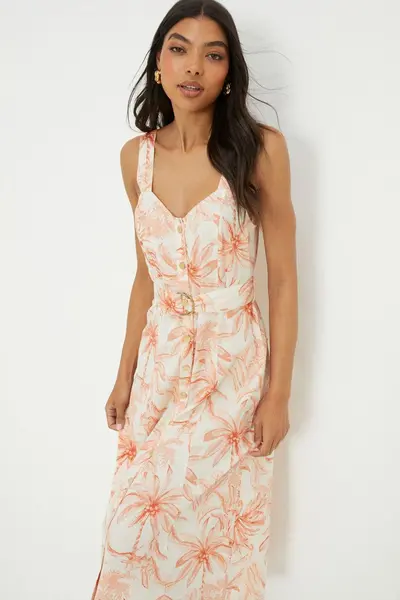 Image of Dorothy Perkins Ivory Palm Print Button Through Strappy Midi Dress Ivory