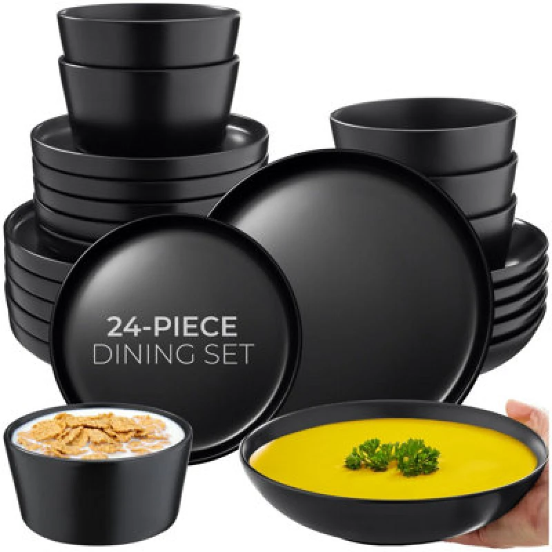 Image of Tectake 24 PC Dinnerware Set Una - Dinner Set, Incl. Plates, Bowls And Mugs, For 6 People - Black