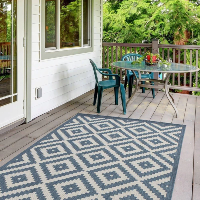 Image of THE RUGS Outdoor Indoor Geometric Diamond Rug Blue Ivory Weather Resistant Size: 160cm x 230cm Blue Unisex 160cm x 230 cm