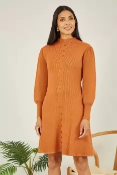 Image of Mustard Knitted Button Up Midi Dress With Balloon Sleeves