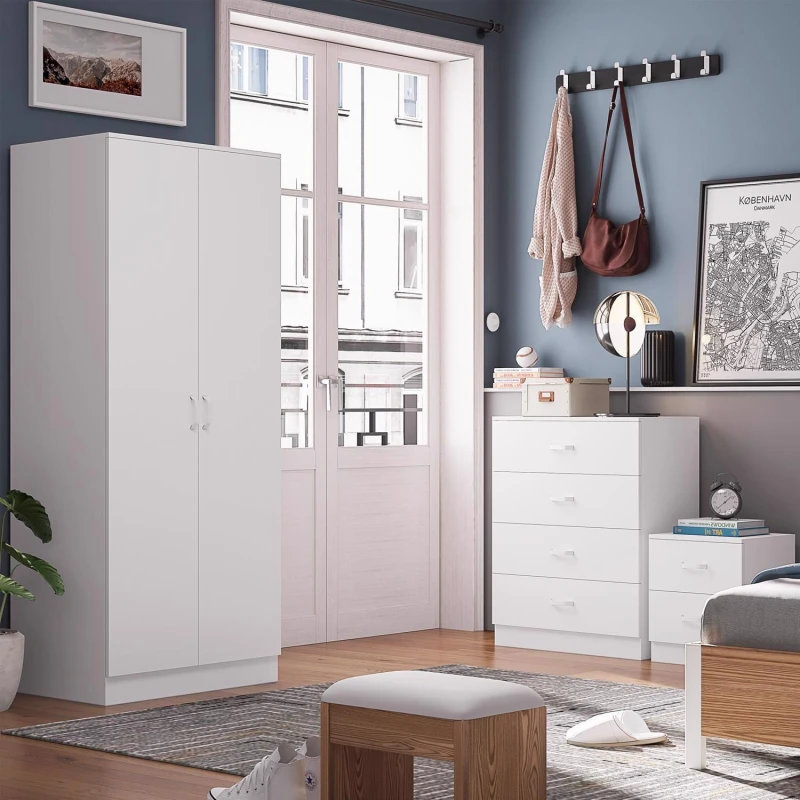 Image of FWStyle FWStyle White 3 Piece Bedroom Furniture Set Bedside, Wardrobe, 4 Drawer Chest White One Size Unisex 5056413127778