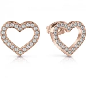 image of GUESS rose gold plated heart frame stud earrings with Swarovski crystals.