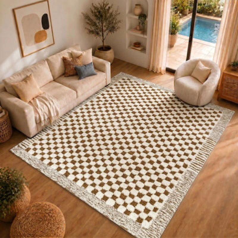 Image of Livabliss Scandi Modern High Pile Brown Checkered Ekta Area Rug 160 X 213cm - Easy Care, Ideal For Living Room & Bedroom