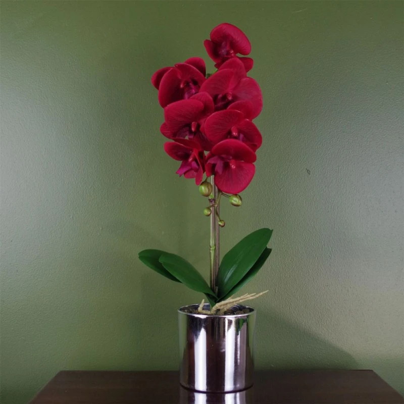 Image of Leaf Artificial Orchid Red with Silver Pot 46cm Botanik Red