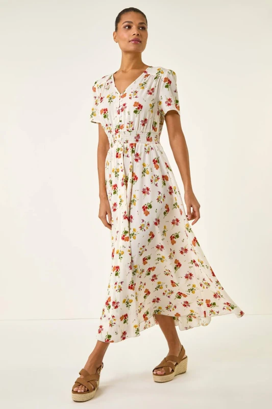 Image of Roman Womens Floral Print Buttoned Midi Dress in Ivory Size: 20 Ivory Female 20