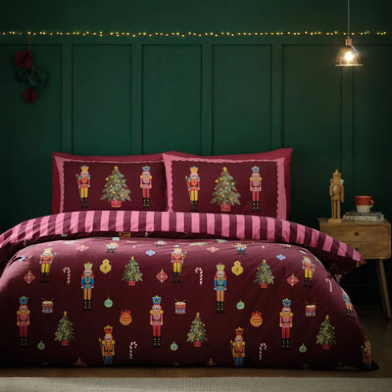 Image of Catherine Lansfield Christmas Nutcracker Stripe Reversible Duvet Cover Set With Pillowcases Plum