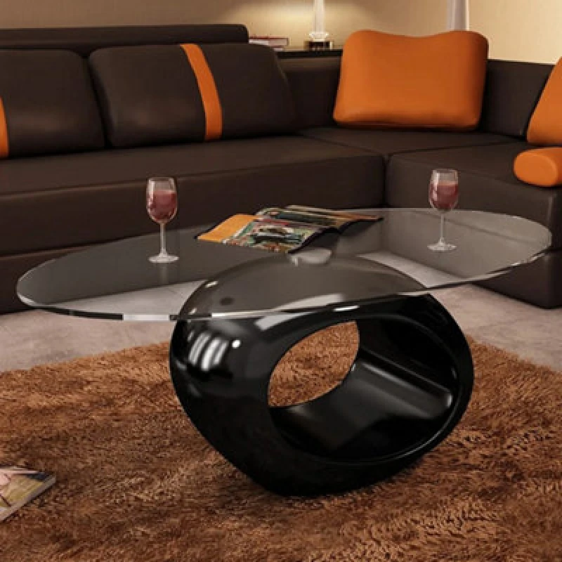 Image of vidaXL Coffee Table Round Black High Gloss Glass Top Couch Side Tea Stand