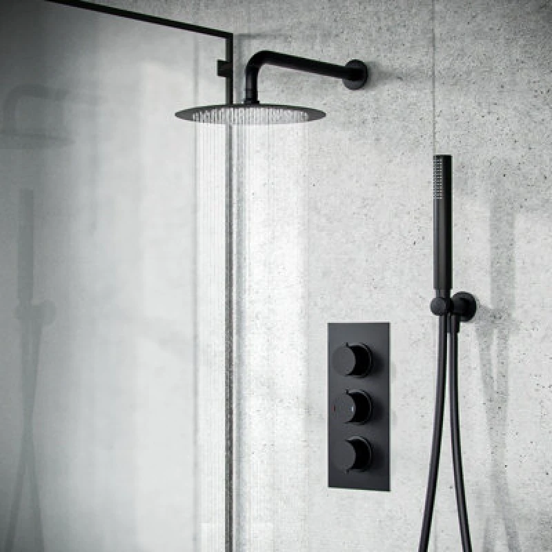 Image of Nes Home 2 Way Thermostatic Shower Valve With Handset, Head & Arm Set Matte Black Temel
