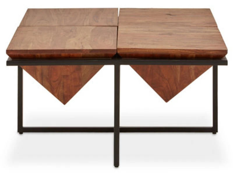 Image of Orsina Acacia Pyramid Coffee Table, Solid Acacia Wood Square Coffee Table With Black Iron Frame, Centre Table