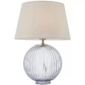 image of Loops - Table Lamp Smokey Grey Ribbed Glass & Pale Grey Cotton 40W E27 gls