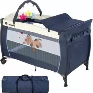 image of Tectake - Travel cot Dog 132x75x104cm with changing mat, play bar & carry bag - cot bed, baby travel cot, pop up travel cot - blue