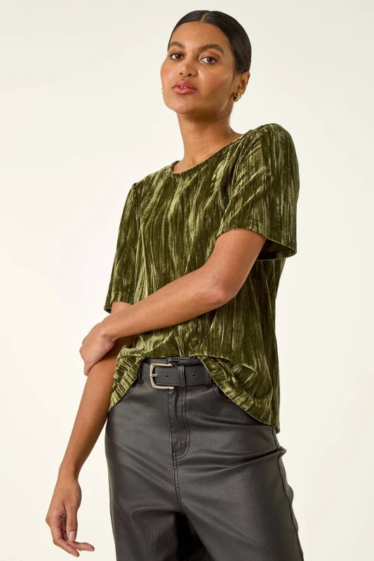 Image of Roman Womens Pleated Velvet Stretch Top in Green Size: 12 Green Female 12