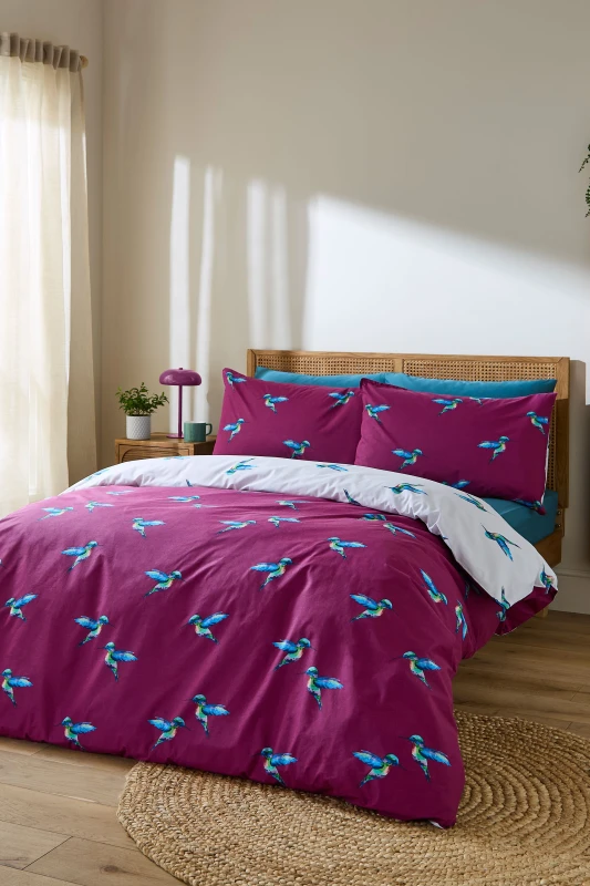 Image of Their Nibs 'Hummingbird' Cotton Reversible Duvet Cover Set in Plum Size: King Plum Unisex King