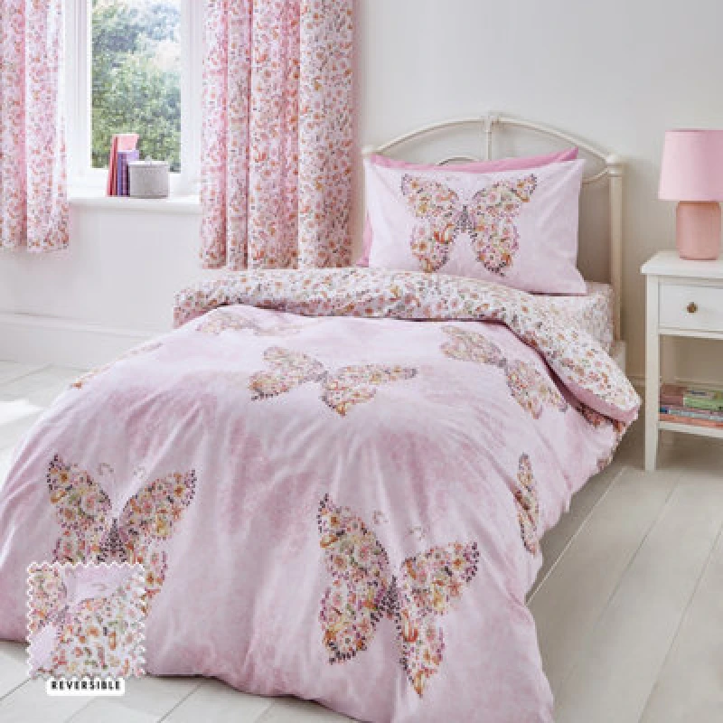 Image of Catherine Lansfield Bedding Enchanted Butterfly Reversible Duvet Cover Set With Pillowcase Pink