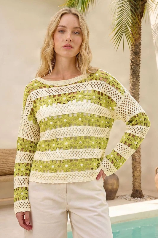 Image of Roman Womens Floral Stripe Crochet Knit Jumper in Green Size: Large Green Female L