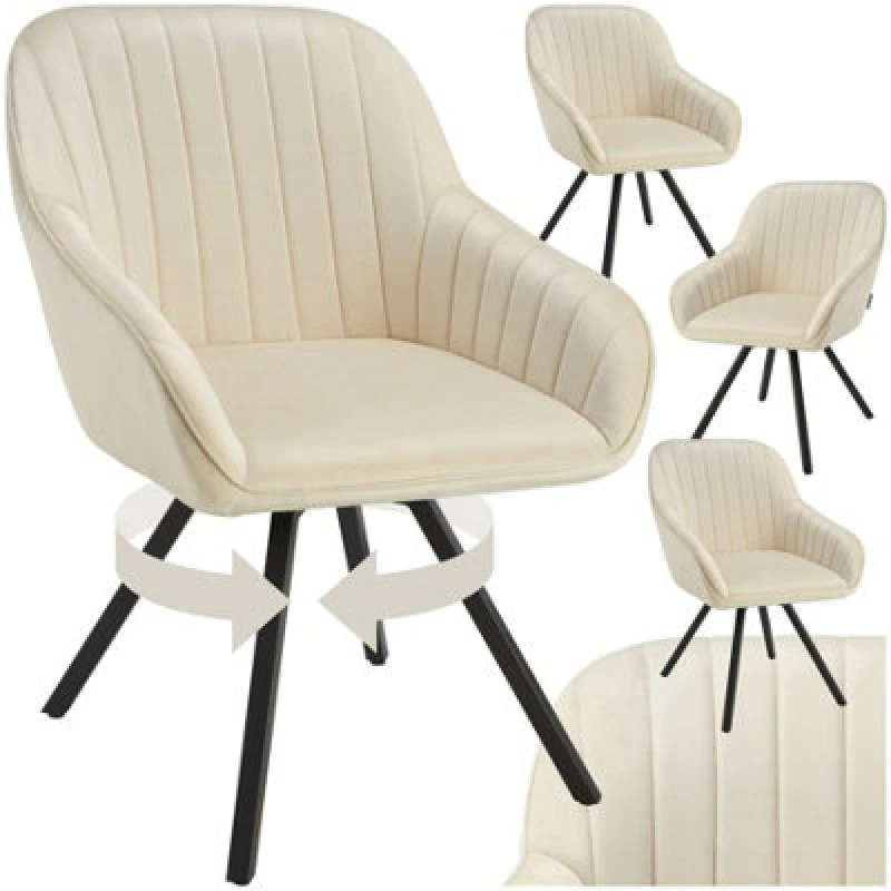 Image of Tectake Set Of 4 Lounge Armchair Living Room Accent Chair 360 Swivel Slim Steel Legs Velvet Fabric - Cream
