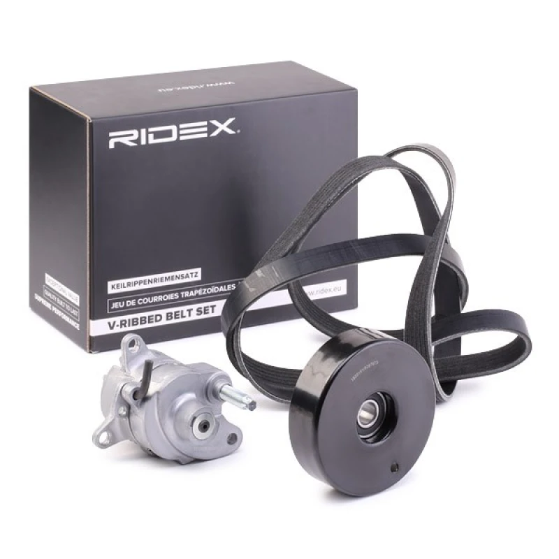 Image of RIDEX 542R0731 V-ribbed belt set with tensioner arm, tensioner pulley EPDM (ethylene propylene diene Monomer (M-class) rubber) V-Ribbed Belt Set (542)