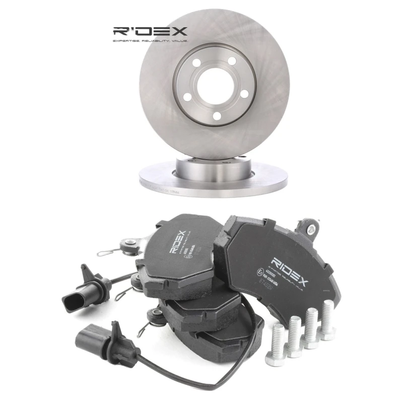 Image of RIDEX 3405B1994 Brake disc and pads set Front Axle, Brake Disc Type: Solid, incl. wear warning contact Brake Set,disc brakes (3405)