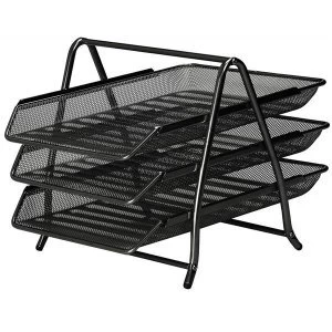 image of 5 Star Office Foolscap Mesh Letter Tray 3 Tier Scratch Resistant Stackable Front Load Portrait Black