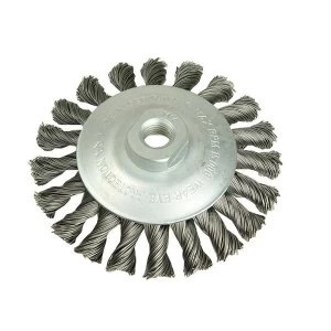 image of Lessmann Conical Knot Brush 100mm M10 Bore, 0.50 Steel Wire