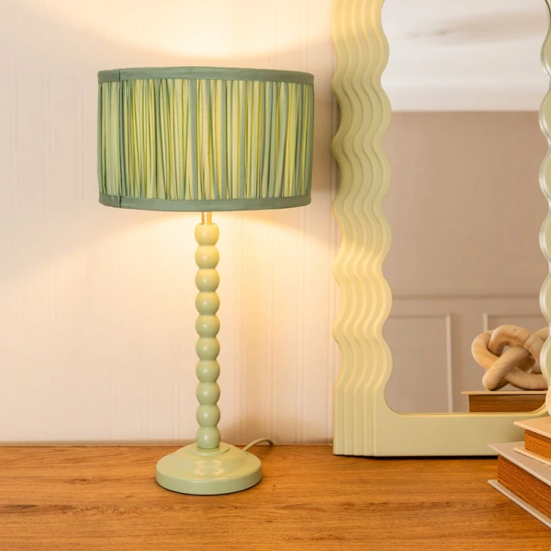 Image of ValueLights Bobbins Sage Green Table Lamp with Ruched Pleated Drum Lamp Shade Pale Green
