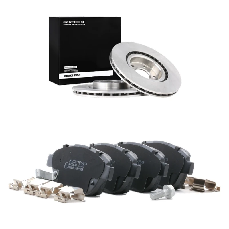Image of RIDEX 3405B2851 Brake disc and pads set Front Axle, Brake Disc Type: internally vented, with acoustic wear warning, with anti-squeak plate Brake Set,