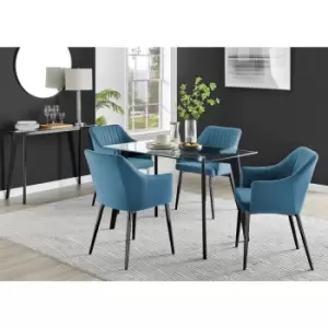Image of Furniturebox UK - Furniturebox Malmo Rectangular Glass and Black Wooden Leg Modern Industrial Dining Table & 4 Blue Calla Black Leg Velvet Chairs