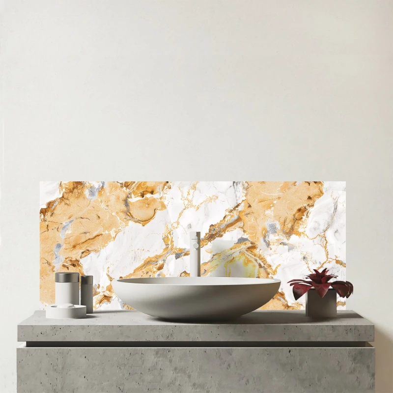 Image of Warren Reed - Designer White & Gold Quartz Effect Glass Bathroom Splashback Gold Unisex