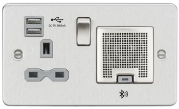 Image of KnightsBridge Flat Plate 13A socket, USB chargers (2.4A) and Bluetooth Speaker - Brushed chrome with grey insert