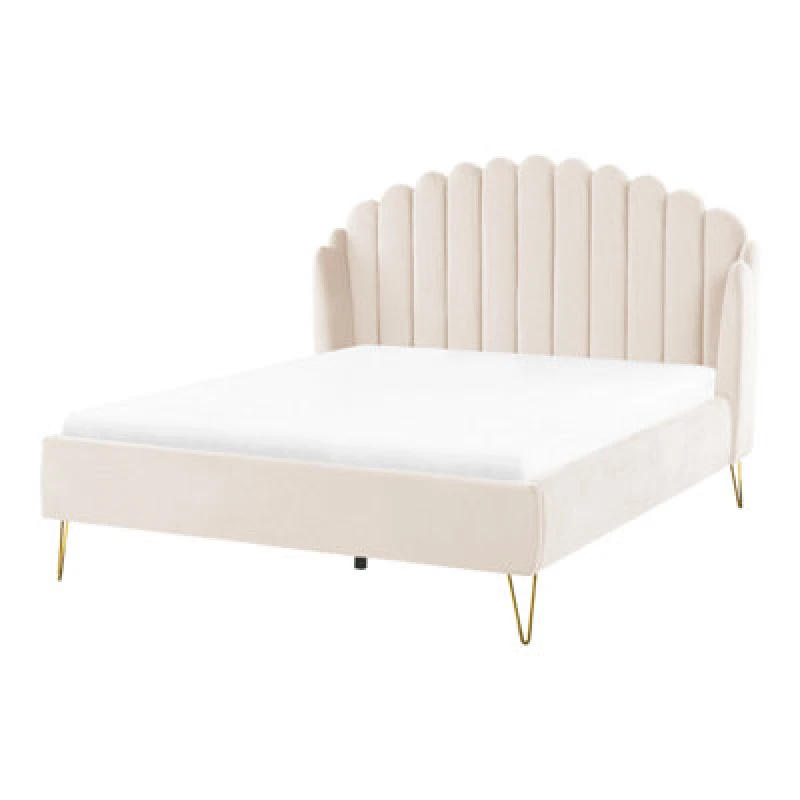 Image of Beliani Bed Velvet Ambillou 140 X 200 Cm (Eu Double) Light Beige