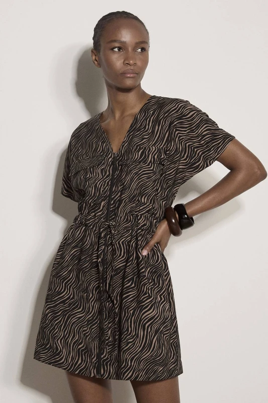 Image of Apricot Womens Zebra Print Zip-Down Mini Dress in Black Size: 8 Black Female 8