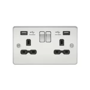 Image of Flat plate 13A 2G switched socket with dual usb charger (2.4A) - polished chrome with Black insert - Knightsbridge