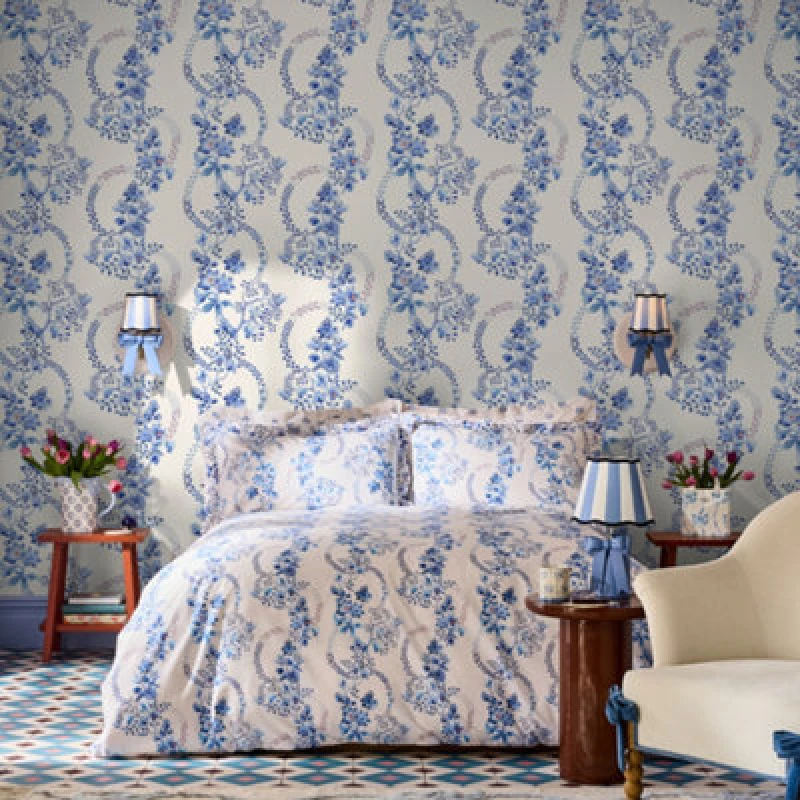 Image of Cath Kidston Road Floral Blue & White Wallpaper Blue WT7NJ Unisex