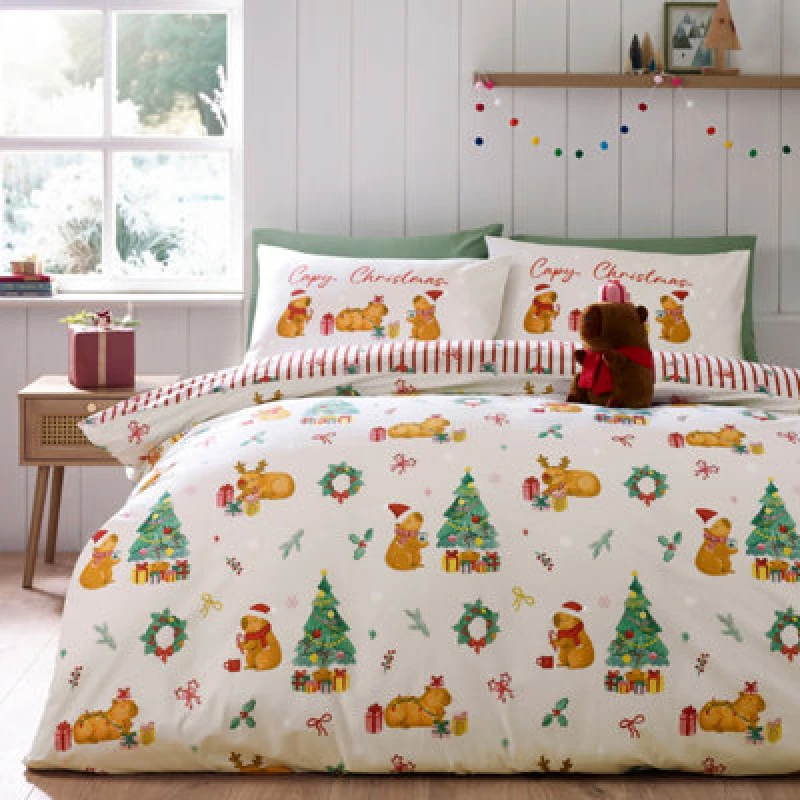 Image of Catherine Lansfield Capybara Christmas Reversible Junior Duvet Cover Set With Pillowcase Cream