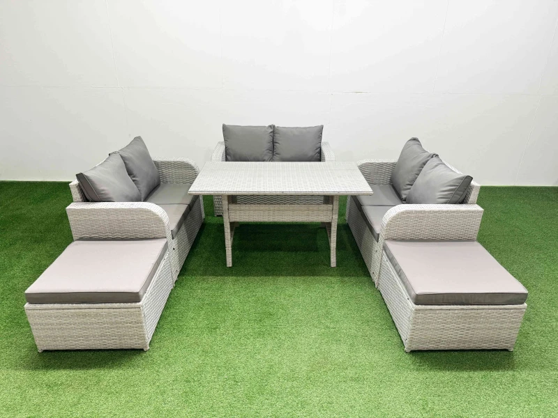 Image of Fimous 8 Seater PE Wicker Rattan Furniture Sofa Sets with Rectangular Dining Table 2 Seater Love Sofa 2 Big Footstool Light Grey Light Grey