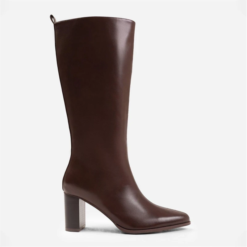 Image of Wheres That From Elder Block Heel Knee High Boots With Side Zip In Dark Brown Pu female 4