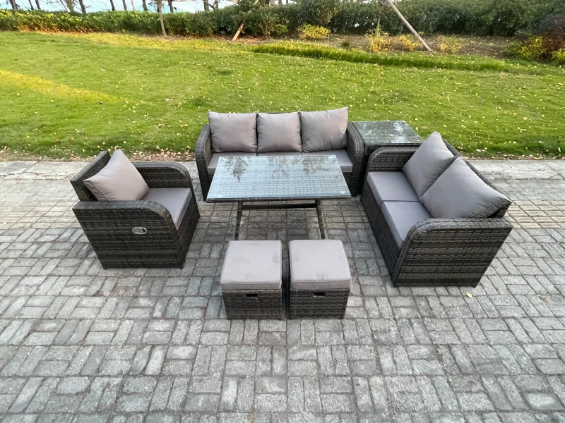 Image of Fimous 8 Seater Outdoor Rattan Garden Furniture Set Patio Lounge Sofa Set with Dining Table Side Table 2 Small Footstools Dark Grey Mixed Dark Grey