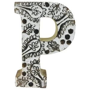 Letter P Hand Carved Wooden White Flower