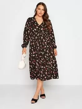 Image of Yours Button Through Dress Black Pink Animal, Black, Size 16, Women