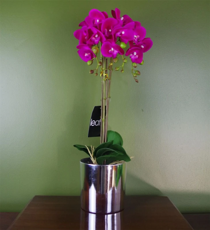 Image of Leaf Artificial Orchid Large Dark Pink Silver 52cm Botanik Dark Pink