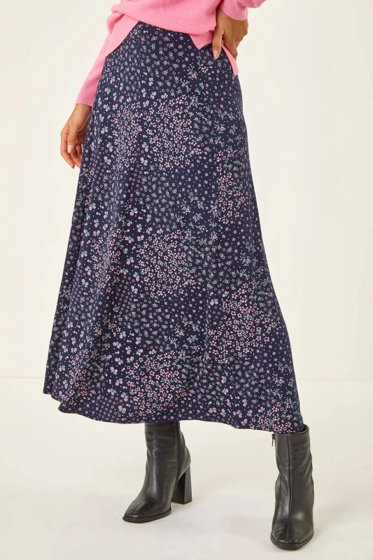 Image of Roman Womens Floral Print Stretch Midi Skirt in Navy Size: 20 Navy Female 20
