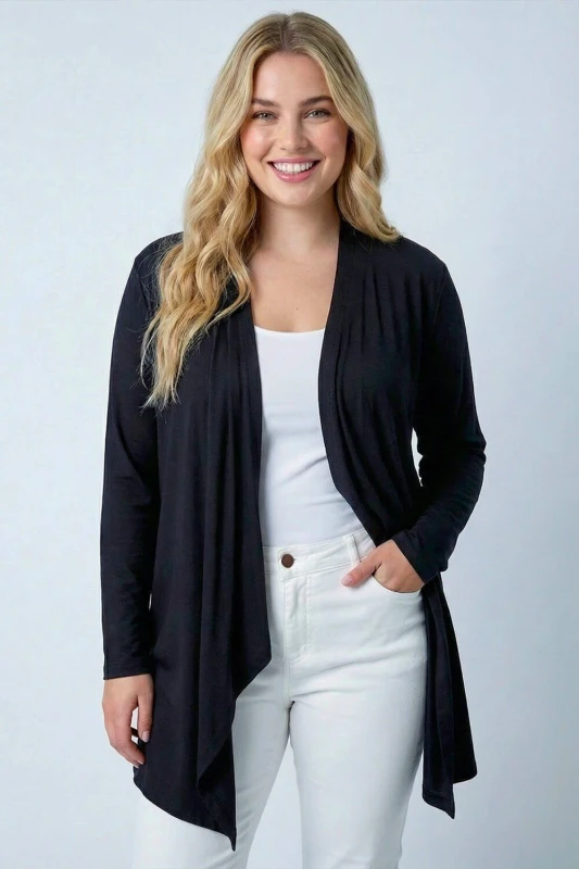 Image of Roman Womens Curve Waterfall Front Jersey Cardigan in Black Size: 20 Black Female 20
