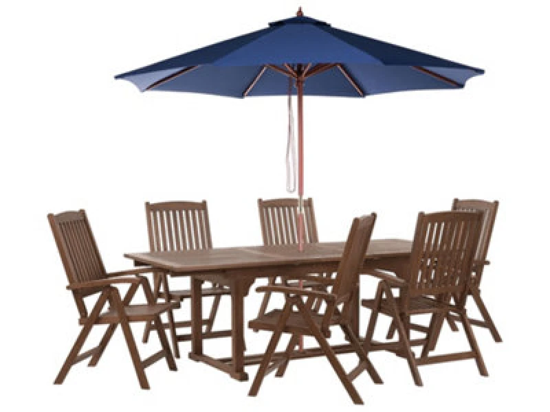 Image of Beliani Garden Dining Set 6 Seater Amantea With Parasol Acacia Wood Blue