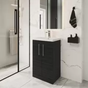 image of Arno Compact Floor Standing 2-Door Vanity Unit with Polymarble Basin 500mm Wide - Charcoal Black Woodgrain - Nuie