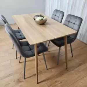 Image of Kosy Koala - Rectangle Oak Effect Kitchen Dining Table With 4 Grey Velvet Tufted Chairs Dining Set