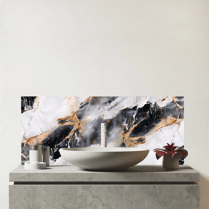 Image of Warren Reed - Designer Exquisite White Marble Effect Glass Bathroom Splashback in Purple Purple Unisex