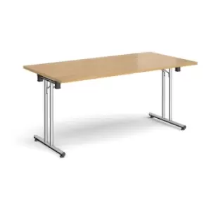 Image of Rectangular folding leg table with chrome legs and straight foot rails 1600mm x 800mm - oak