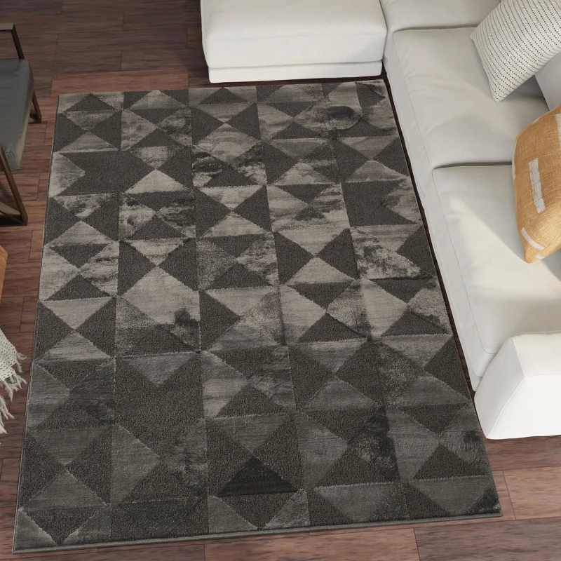 Image of Hamilton Modern Metallic Sheen Area Rug - Mosaic Geometric Triangle Design Dark Grey 200Cm X 290Cm
