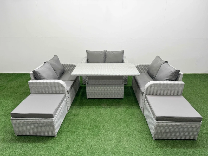 Image of Fimous 8 Seater PE Wicker Rattan Furniture Sofa Sets with Adjustable Lifting Dining or Coffee Table 2 Seater Love Sofa 2 Big Footstool Light Grey Ligh